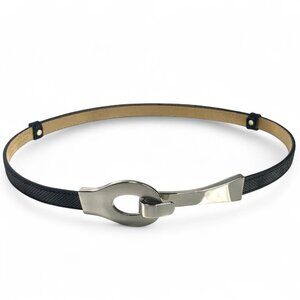 Black Slider Belt With Brushed Silver Metal Clasp Adjustable Leather Lined M/L